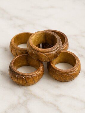 Vintage Hand Carved Teak Wood Napkin Rings Philippines Set of 6 Boho